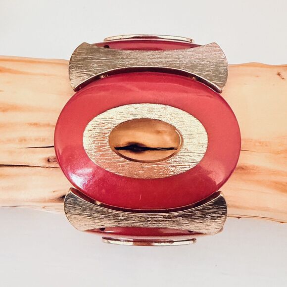 70s Vintage Red Resin / Goldtone Metal Stretch Statement Bracelet Modernist - Picture 7 of 11